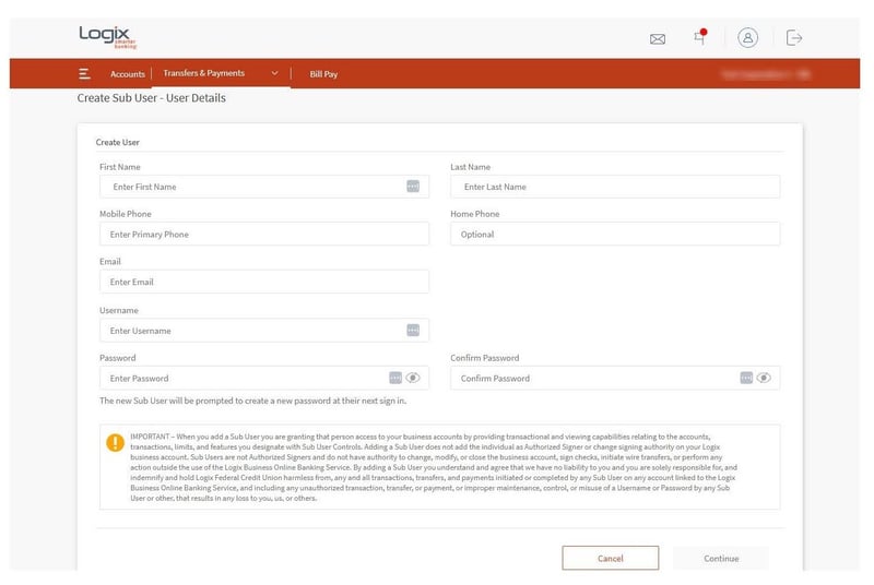 Create Sub User- User Details