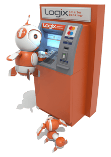 Robix in ATM machine withdrawing money