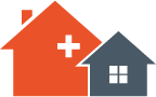 Logo representing home improvement services with a red house and a small gray house with a window.