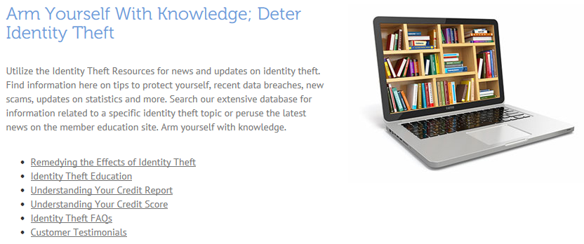 A laptop displaying a bookshelf filled with books, next to a text section about identity theft resources and education.