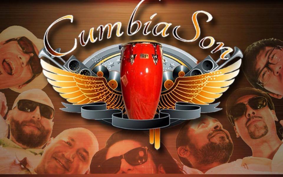 Logo of Cumbia Son featuring a conga and band members' faces in a collage.
