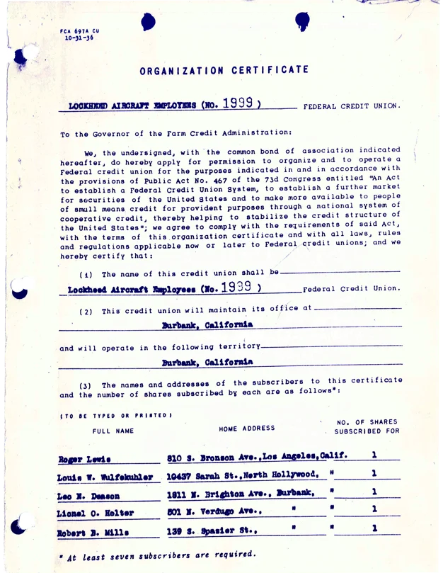 A historical document titled 'Organization Certificate' for Lockheed Aircraft Employees Federal Credit Union, outlining the founding members and details of the charter application.