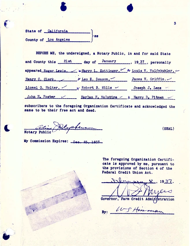 A historical document from 1937, showcasing the original charter application signed by 12 founders of the Lockheed Aircraft Employees Federal Credit Union, with legible signatures and a notary seal.
