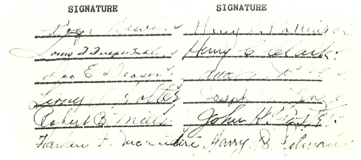 Historical document featuring signatures of the 12 founding employees of Lockheed Aircraft Employees Federal Credit Union, dated January 21, 1937.