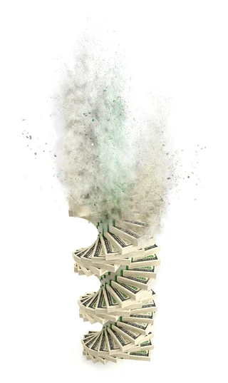 A swirling tower of money bundles dispersing into a cloud of particles, symbolizing financial dynamics and fees.