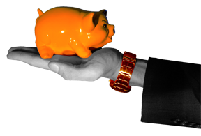 A hand holding an orange piggy bank, contrasted against a black and white background.