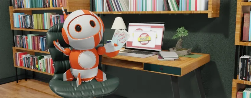 A cute, orange and white robot sitting in a green chair at a wooden desk with a laptop displaying a ticket sales website, surrounded by books on shelves.