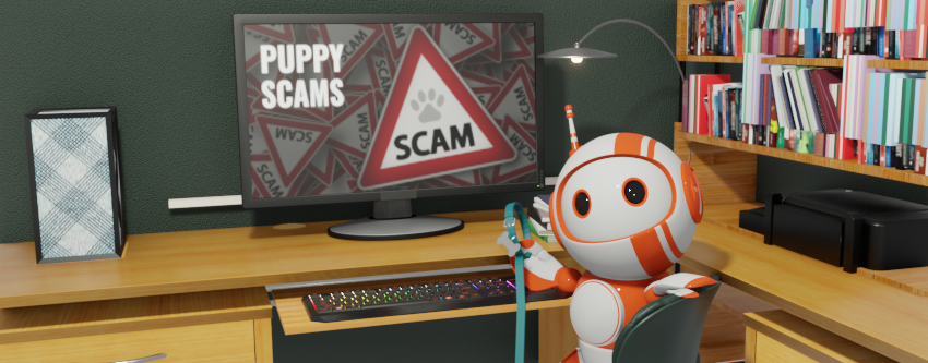 A friendly robot sitting at a desk in front of a computer displaying a warning about puppy scams. The room features a bookshelf and a decorative item on the desk.